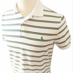 RLX Ralph Lauren Polo Shirt Medium White Blue Black Yellow Golf Sports Men's